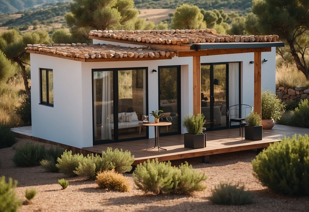 A tiny house nestled in a scenic Spanish countryside, with traditional architecture and modern design elements, surrounded by lush greenery and under a clear blue sky