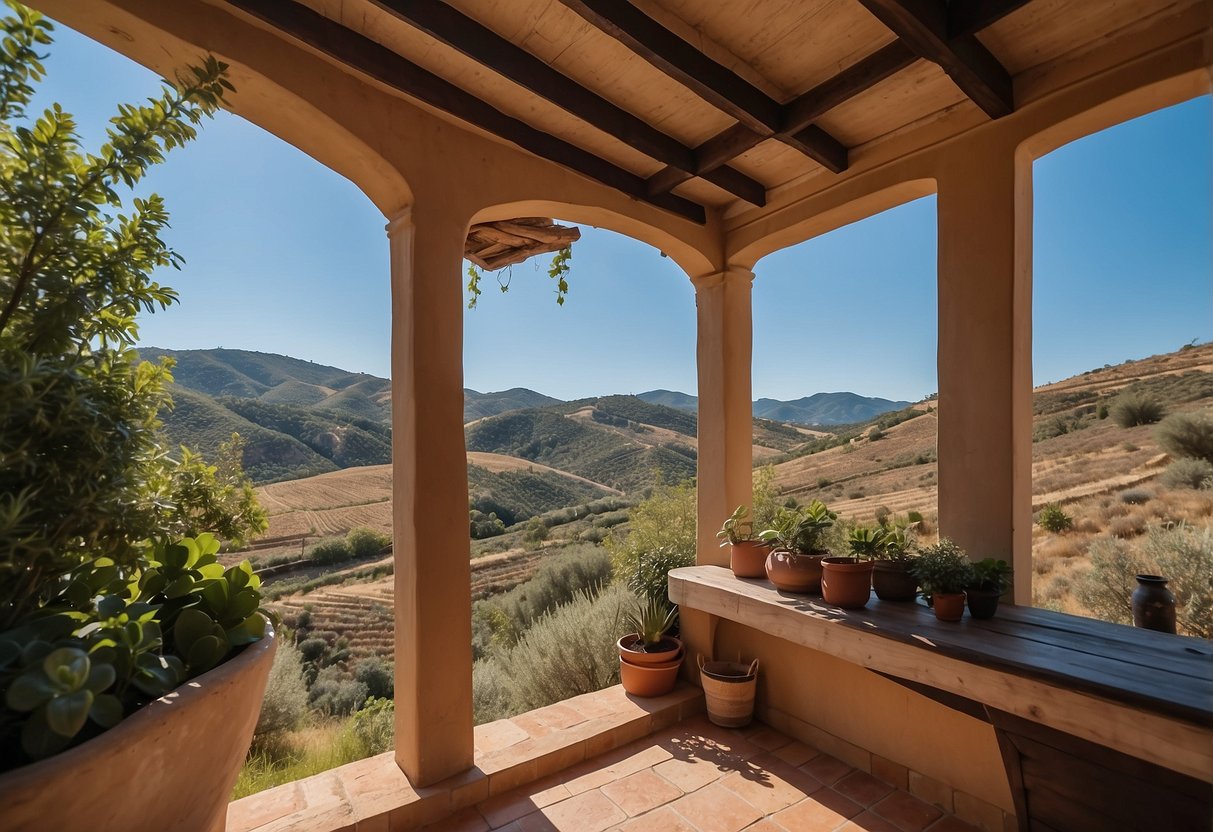 A small, quaint house nestled among the Spanish countryside, with a backdrop of rolling hills and clear blue skies