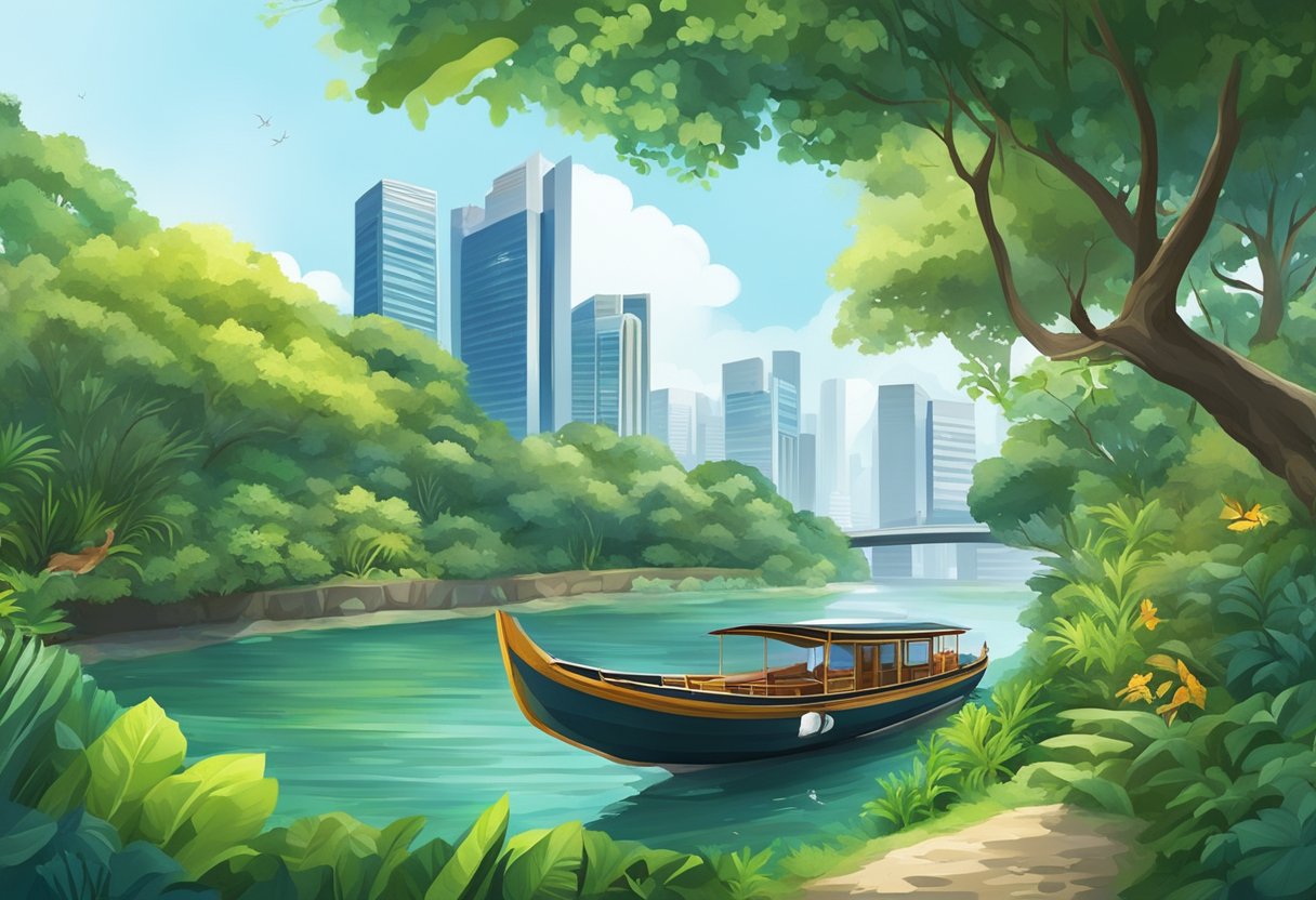 The lush greenery of the Singapore River banks, with a boat gliding through the calm waters, surrounded by exotic wildlife and vibrant flora