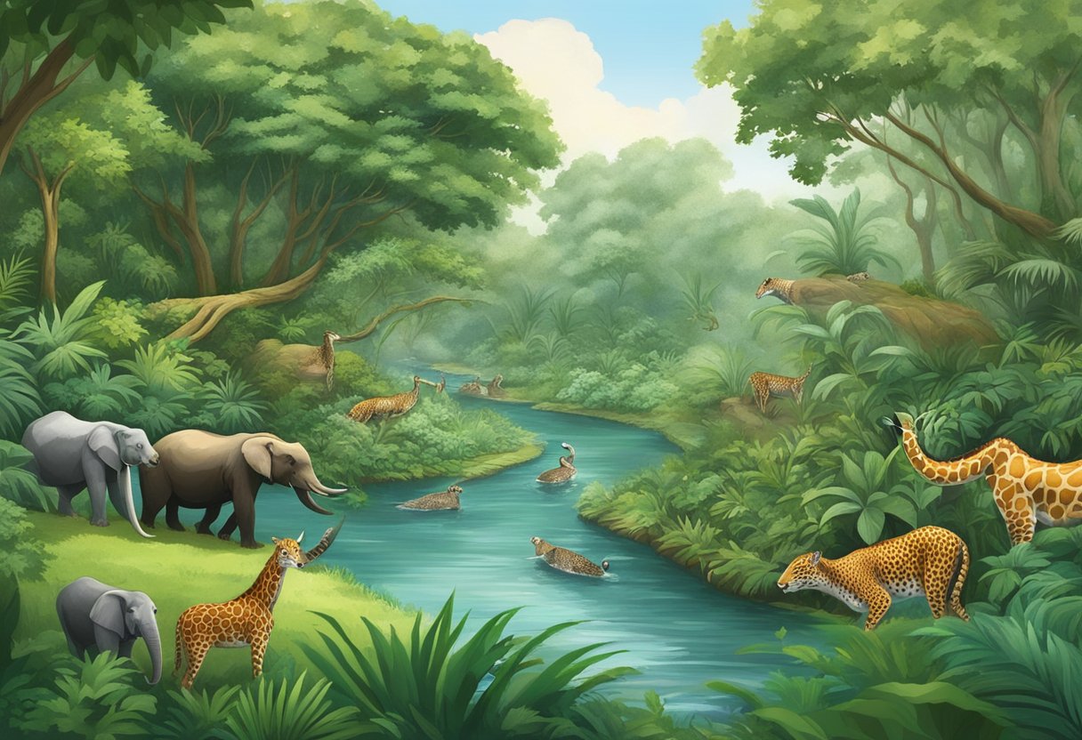 Animals roam freely in lush greenery beside a meandering river at River Safari Singapore