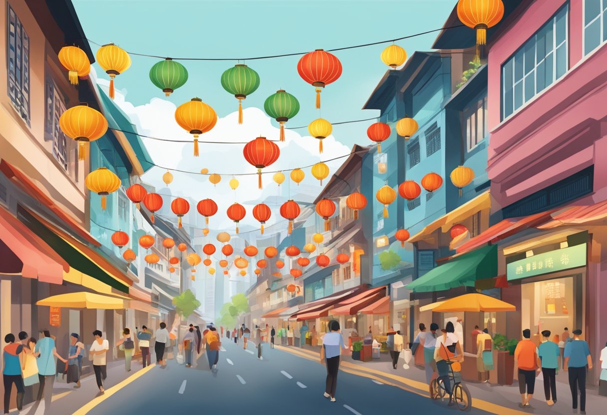 A bustling street in Singapore's Chinatown, with colorful shop facades and traditional lanterns hanging overhead