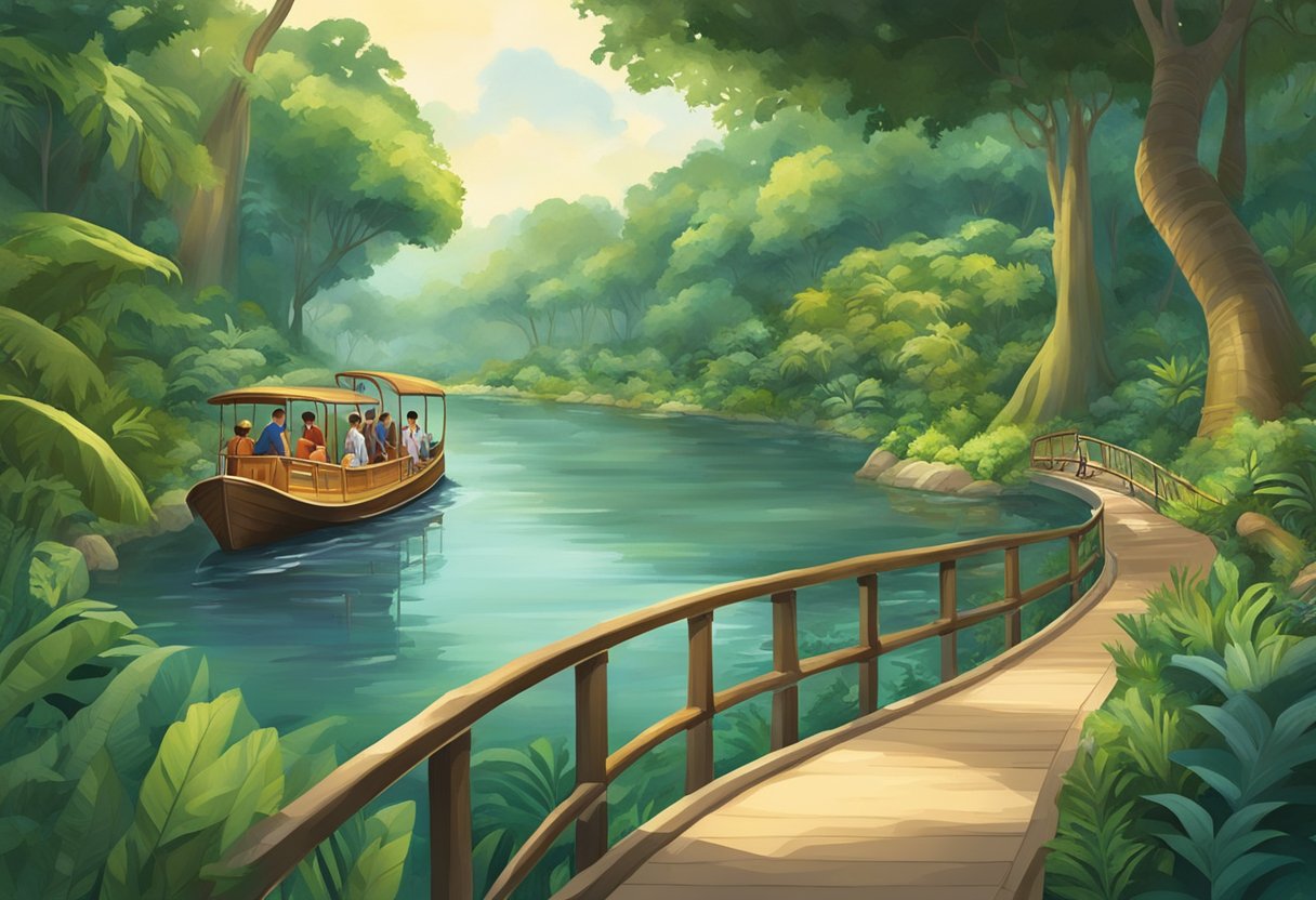 The river safari in Singapore features lush greenery, flowing water, and exotic animals. The scene is vibrant and filled with life, with a sense of adventure and exploration