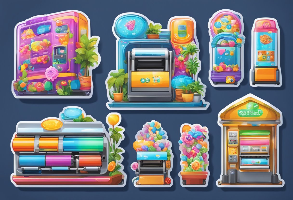 Vibrant sticker printing machines in a Singaporean shop, with colorful designs and glossy finishes