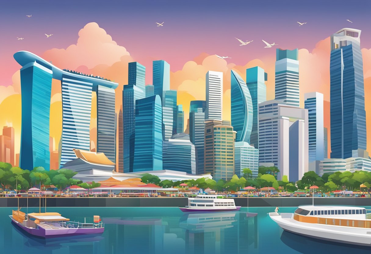 A bustling city skyline with iconic landmarks and vibrant street life, showcasing the modern and diverse culture of Singapore