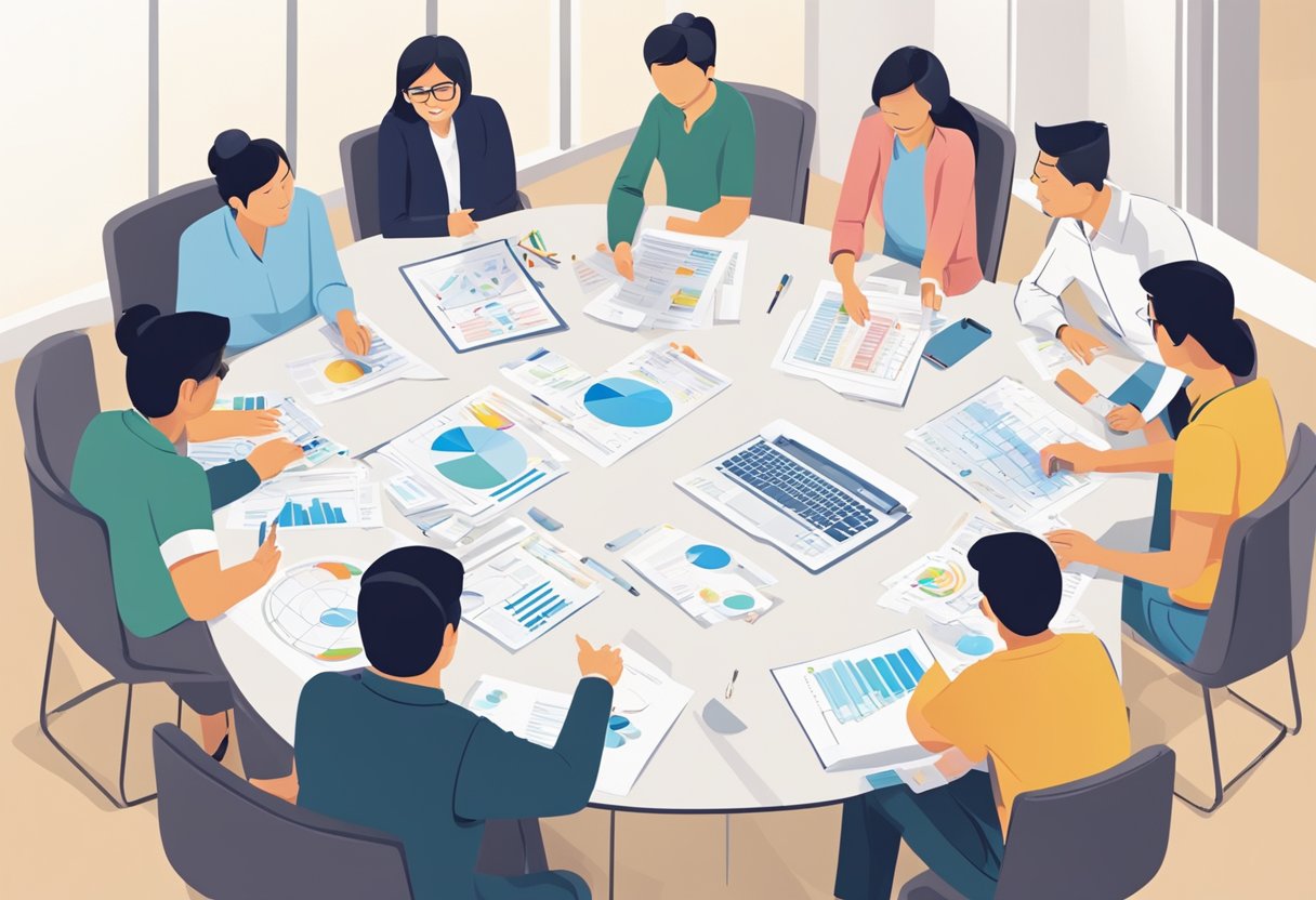 A group of people gather around a table, discussing and planning various programmes and initiatives in Singapore. Charts and graphs are spread out, as everyone contributes to the brainstorming session