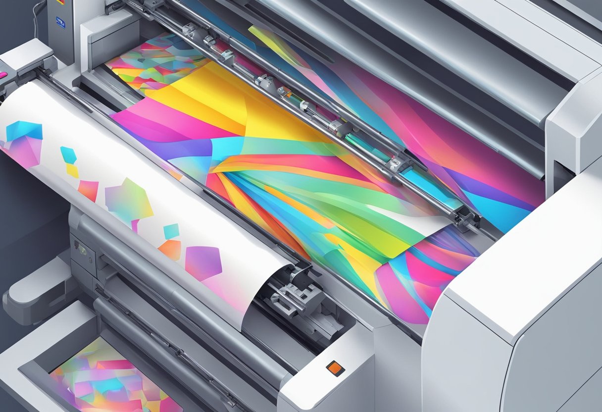 A printer feeds a sheet of sticker paper into a digital printing machine. The machine's rollers and gears move as it prints colorful designs onto the paper