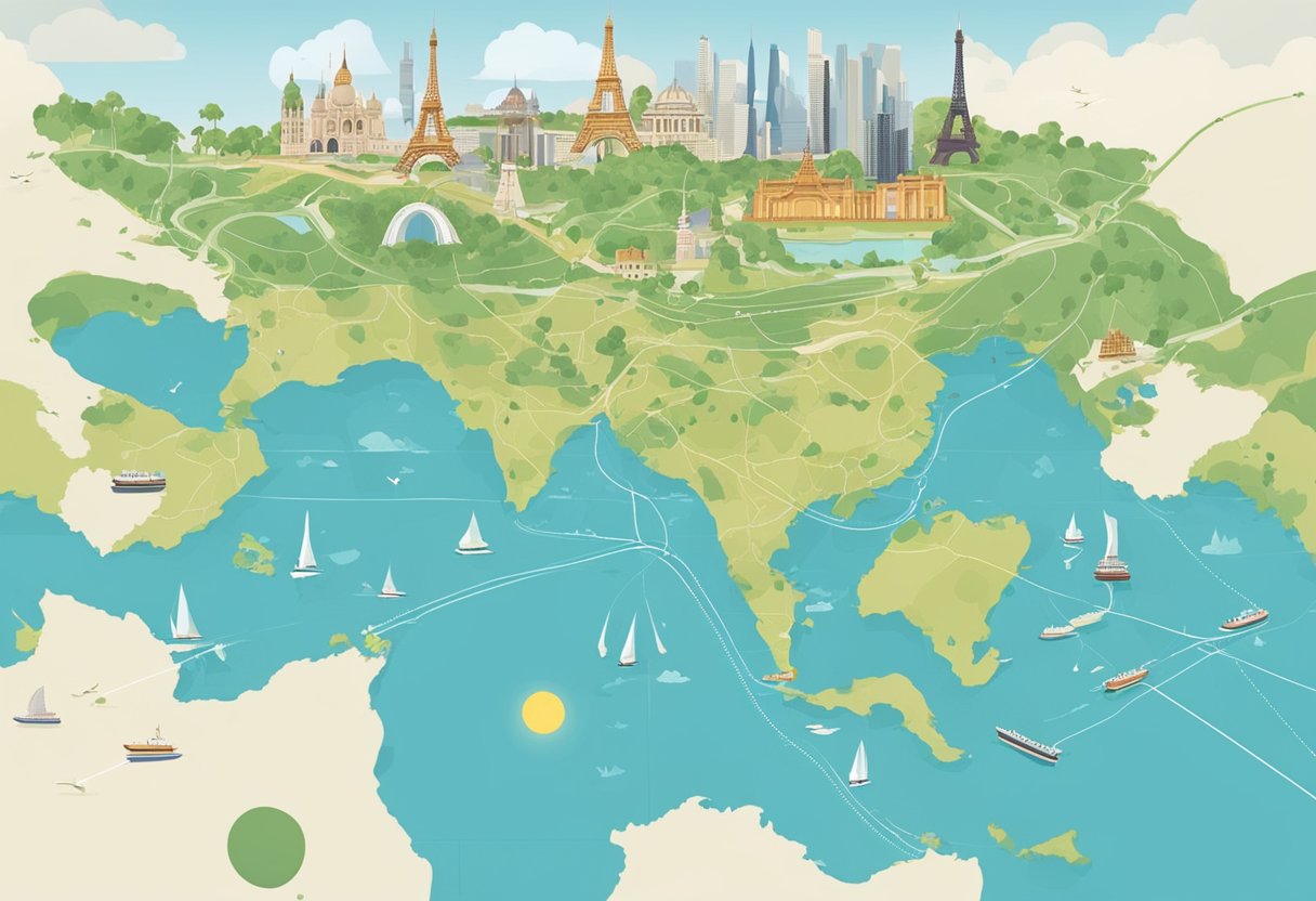 A map of the world with a dotted line tracing the route from Singapore to Paris, with iconic landmarks of both cities in the background