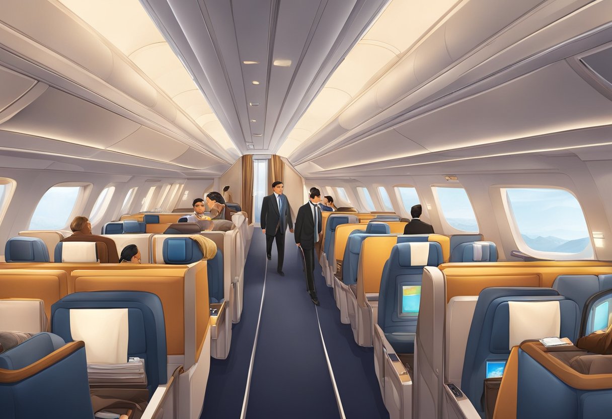 Passengers enjoy luxurious amenities on a flight from Singapore to Paris. The cabin is spacious, with elegant decor and attentive service