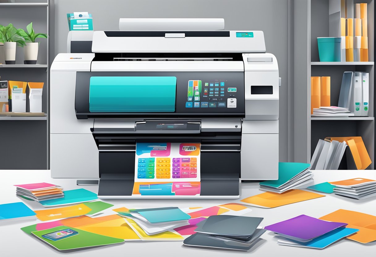 A vibrant sticker printing machine in a modern Singapore office, surrounded by marketing and business solution materials