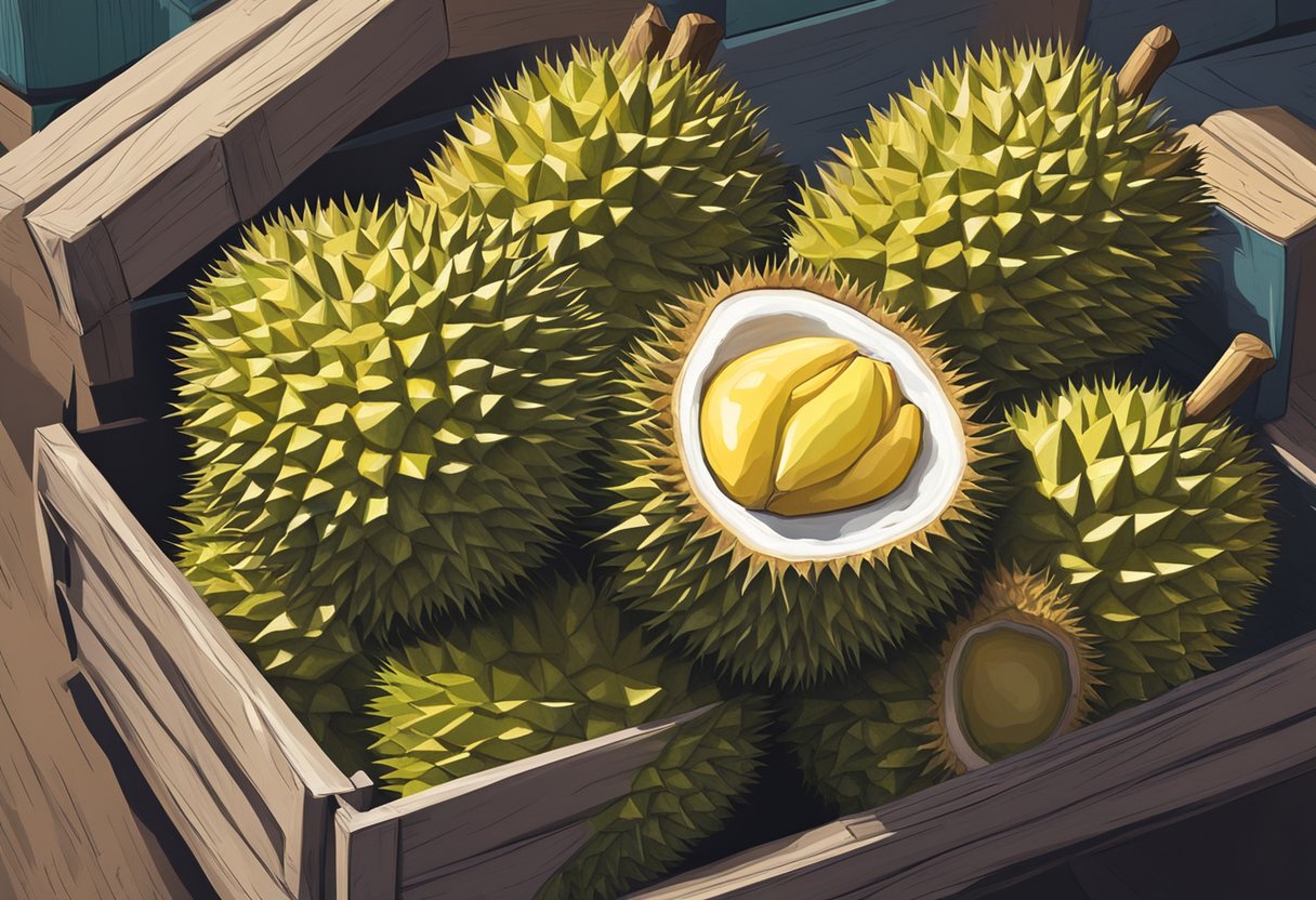 A durian fruit sits on a market stall in Singapore, its spiky exterior contrasting with the vibrant colors of the surrounding fruits