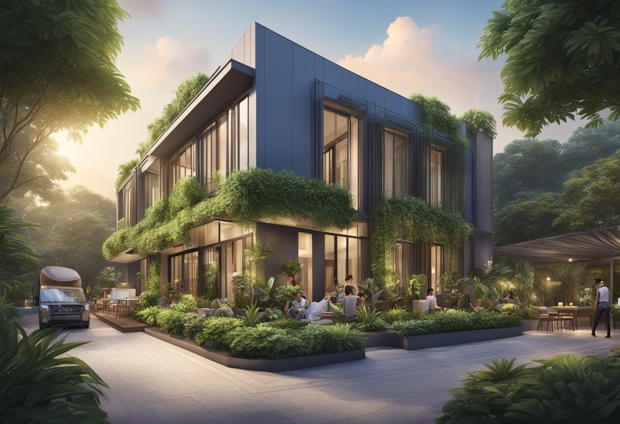 A boutique hotel in Singapore with modern architecture and lush greenery surrounding the entrance and outdoor seating area