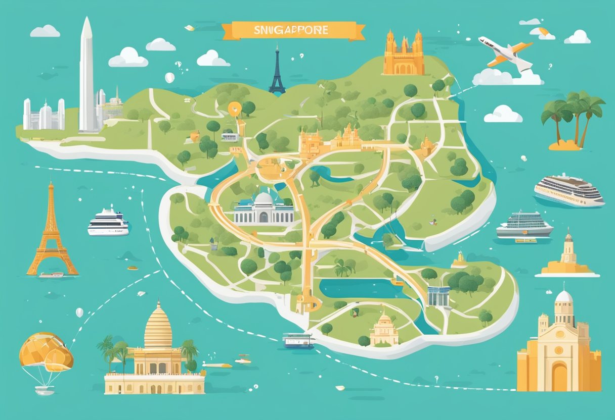A map connecting Singapore and Paris with a dotted line, surrounded by question marks and travel icons
