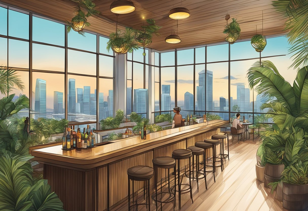 A tropical-themed rooftop bar with coconut-inspired decor and panoramic views of Singapore's skyline