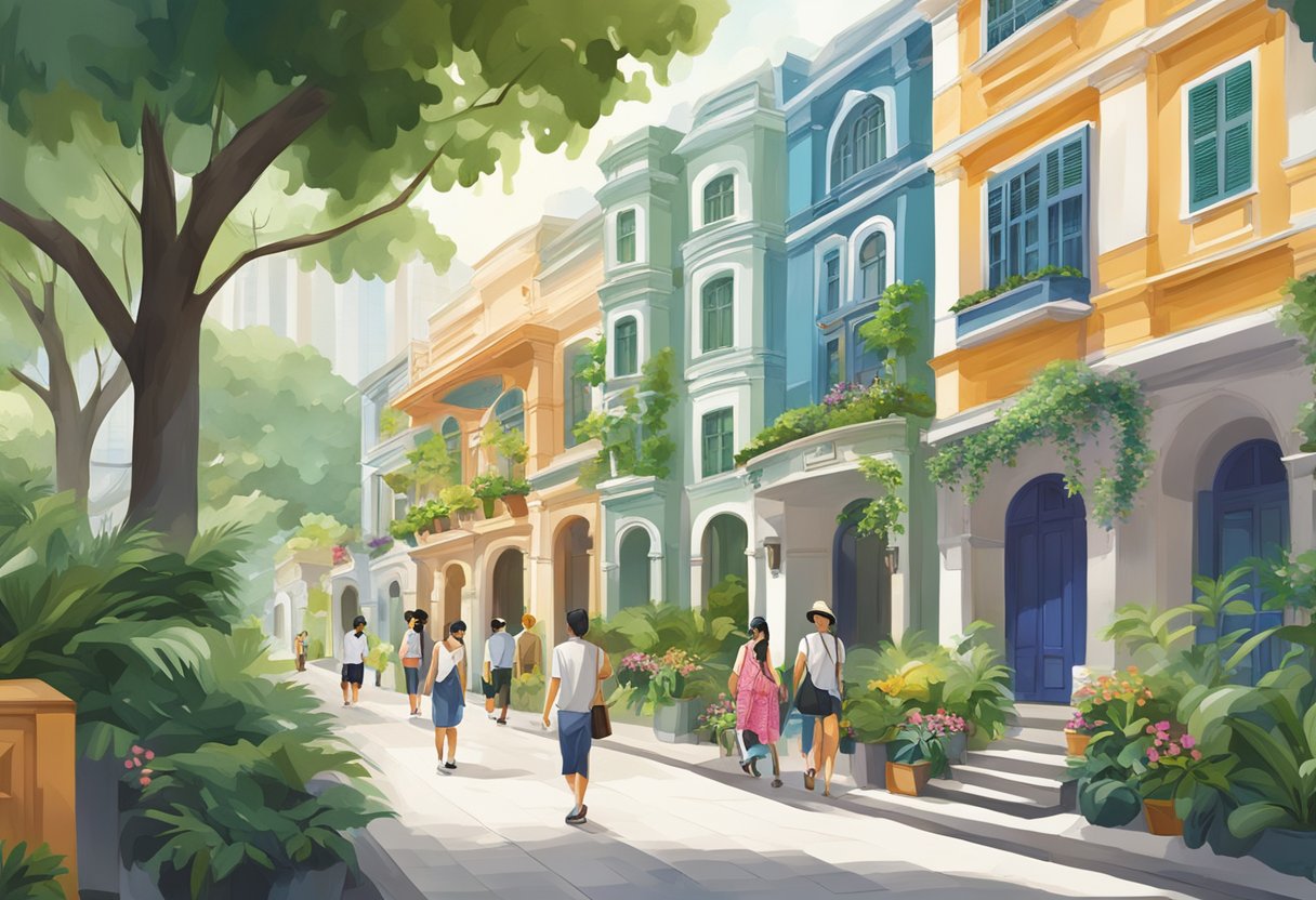 Guests strolling through vibrant neighborhoods, admiring boutique hotels in Singapore. Unique architecture and lush greenery create a charming atmosphere