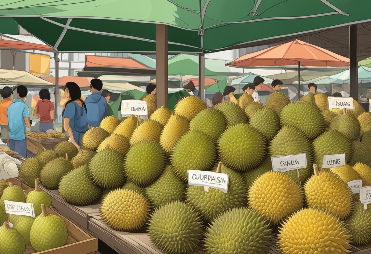 A variety of durians displayed in a Singapore market, labeled with their names and characteristics