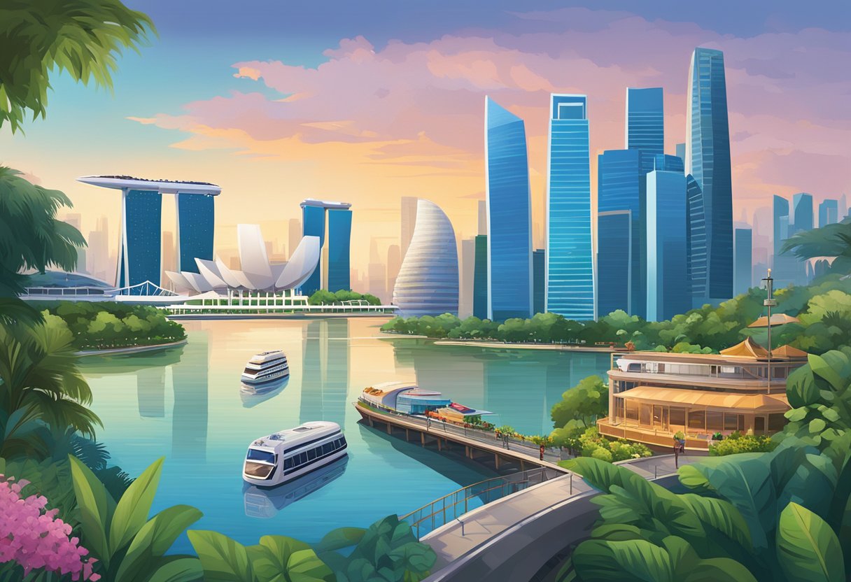 A vibrant cityscape of modern buildings and iconic landmarks in the heart of Singapore. The skyline is dominated by the Marina Bay Sands and the Singapore Flyer, with lush greenery and the Singapore River winding through the bustling city