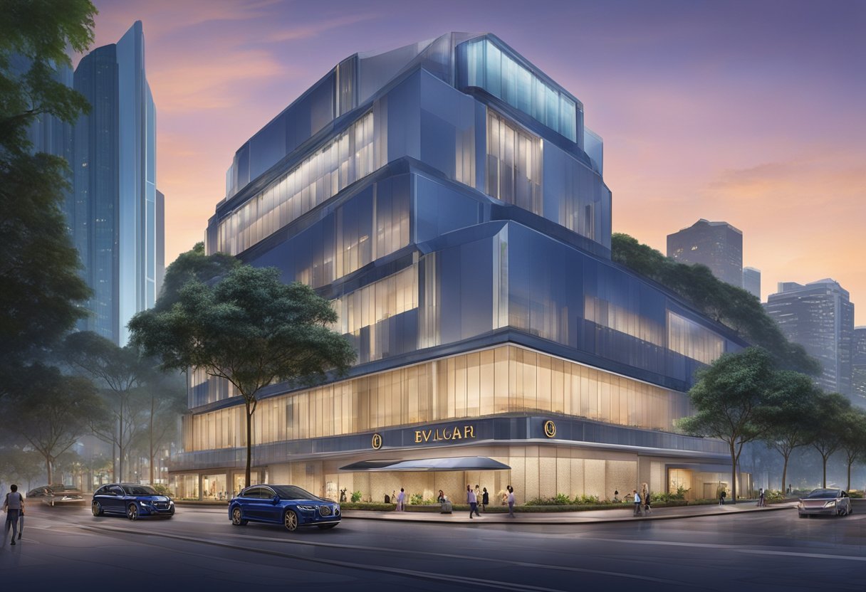 The iconic Bvlgari store in Singapore shines under the city lights, with its elegant and modern architecture standing out against the urban backdrop