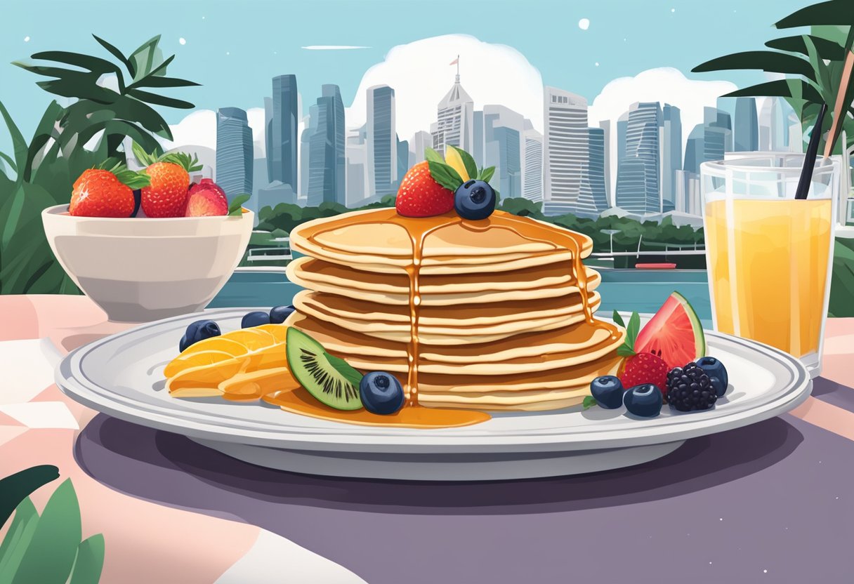A plate of fluffy pancakes topped with fresh fruit and drizzled with syrup, set against a backdrop of iconic Singaporean landmarks