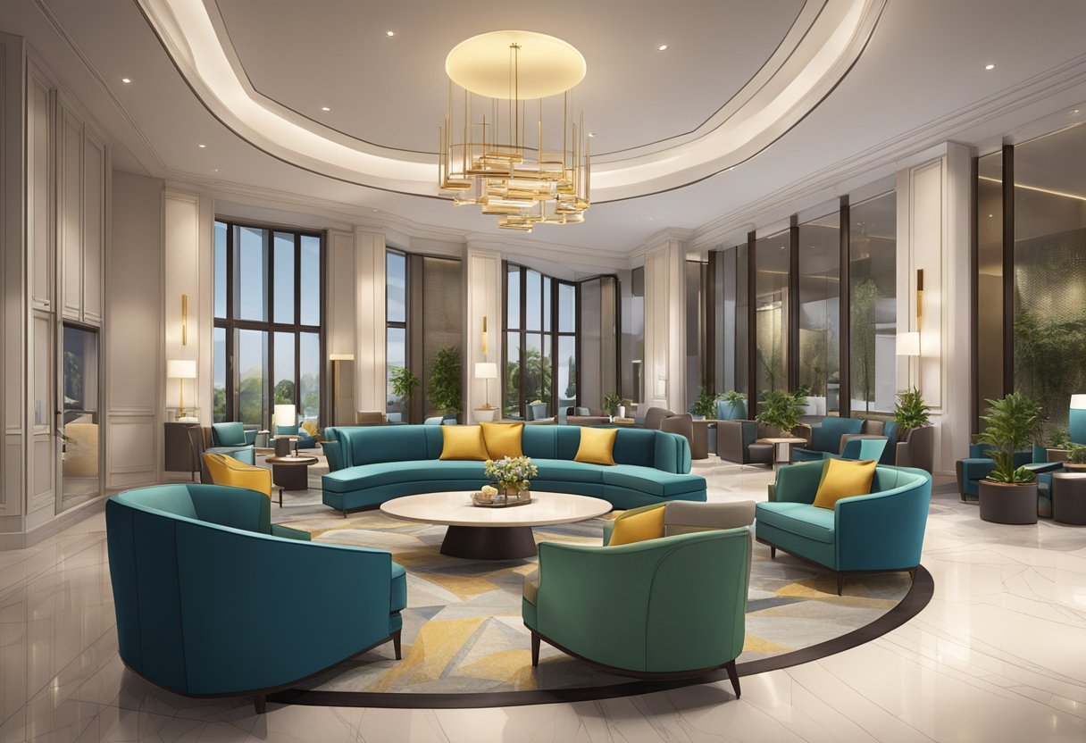 The boutique hotel lobby features a modern design with luxurious amenities and unique experiences. The space exudes elegance with sleek furniture and vibrant decor