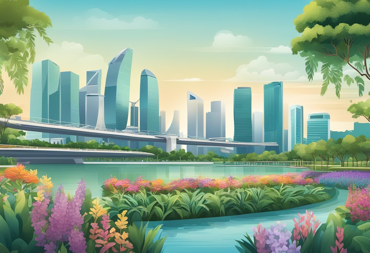 A bustling cityscape of Singapore with iconic landmarks and a modern skyline, including the iconic Marina Bay Sands and the futuristic architecture of Gardens by the Bay