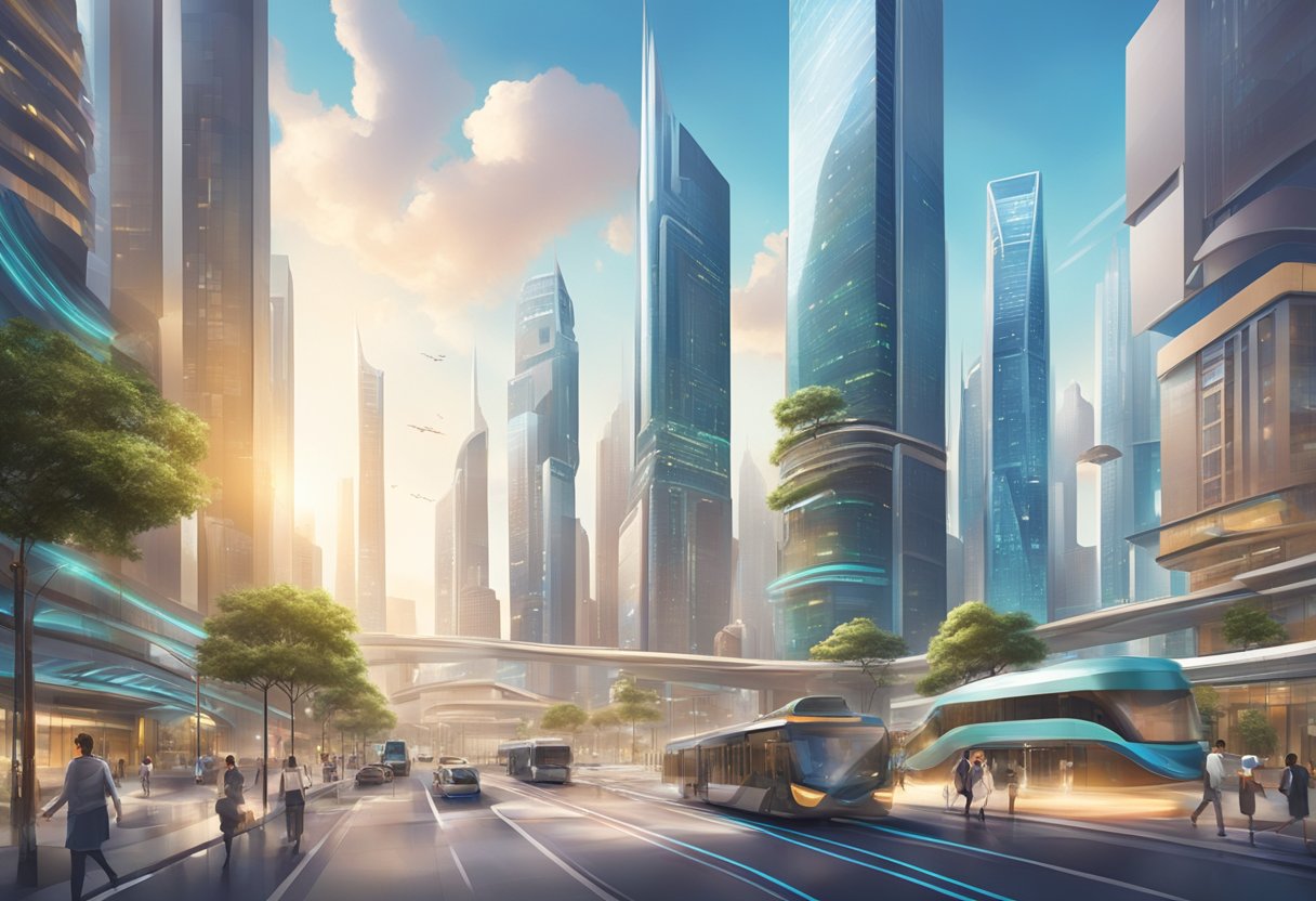 A bustling city street with futuristic skyscrapers and high-tech infrastructure, showcasing the cutting-edge broadband services provided by MyRepublic Singapore