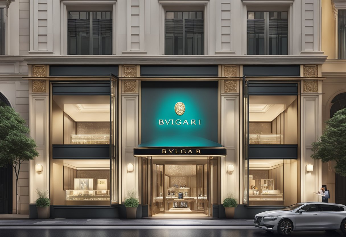 A luxurious Bvlgari store in Singapore with iconic signage and elegant storefront