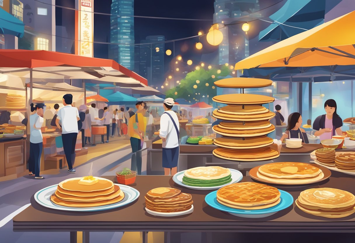 A table filled with a colorful array of pancakes from traditional to modern flavors, surrounded by bustling street food stalls in Singapore