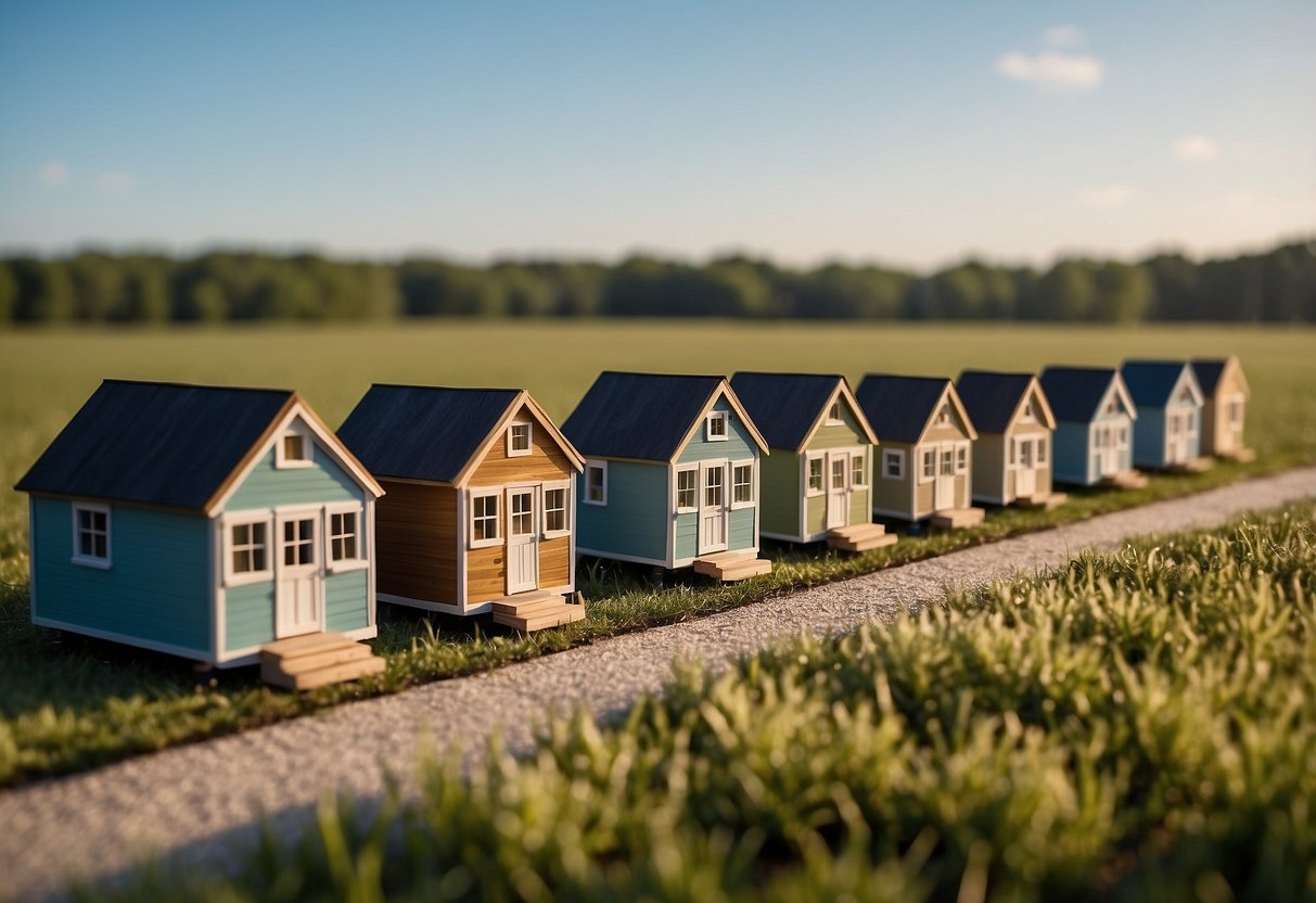 A row of tiny houses sits on a spacious plot of land in Texas, surrounded by greenery and under a clear blue sky