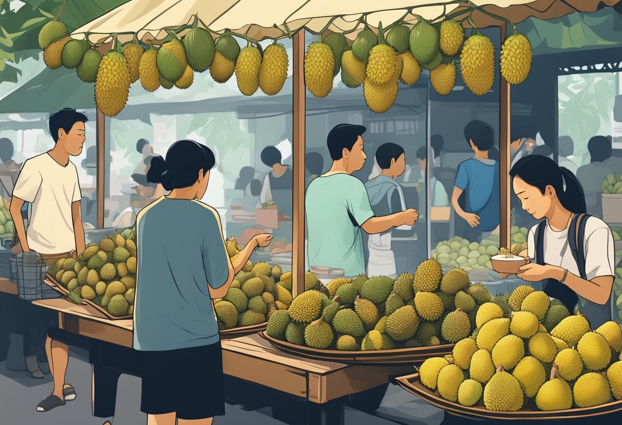 Customers select durians from a vendor's stall and sit at a nearby table, savoring the pungent fruit in a bustling Singapore market