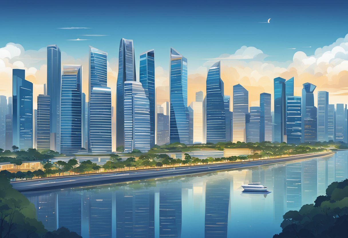 A modern cityscape with the iconic skyline of Singapore, featuring tall skyscrapers and futuristic architecture. The scene is set against a backdrop of a clear blue sky, with the city's bustling energy captured in the details of the buildings and streets below
