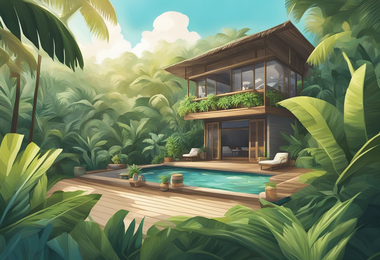 A person finds the Coconut Club in Singapore, surrounded by lush greenery and tropical vibes. The iconic coconut logo is prominently displayed, creating a sense of warmth and relaxation