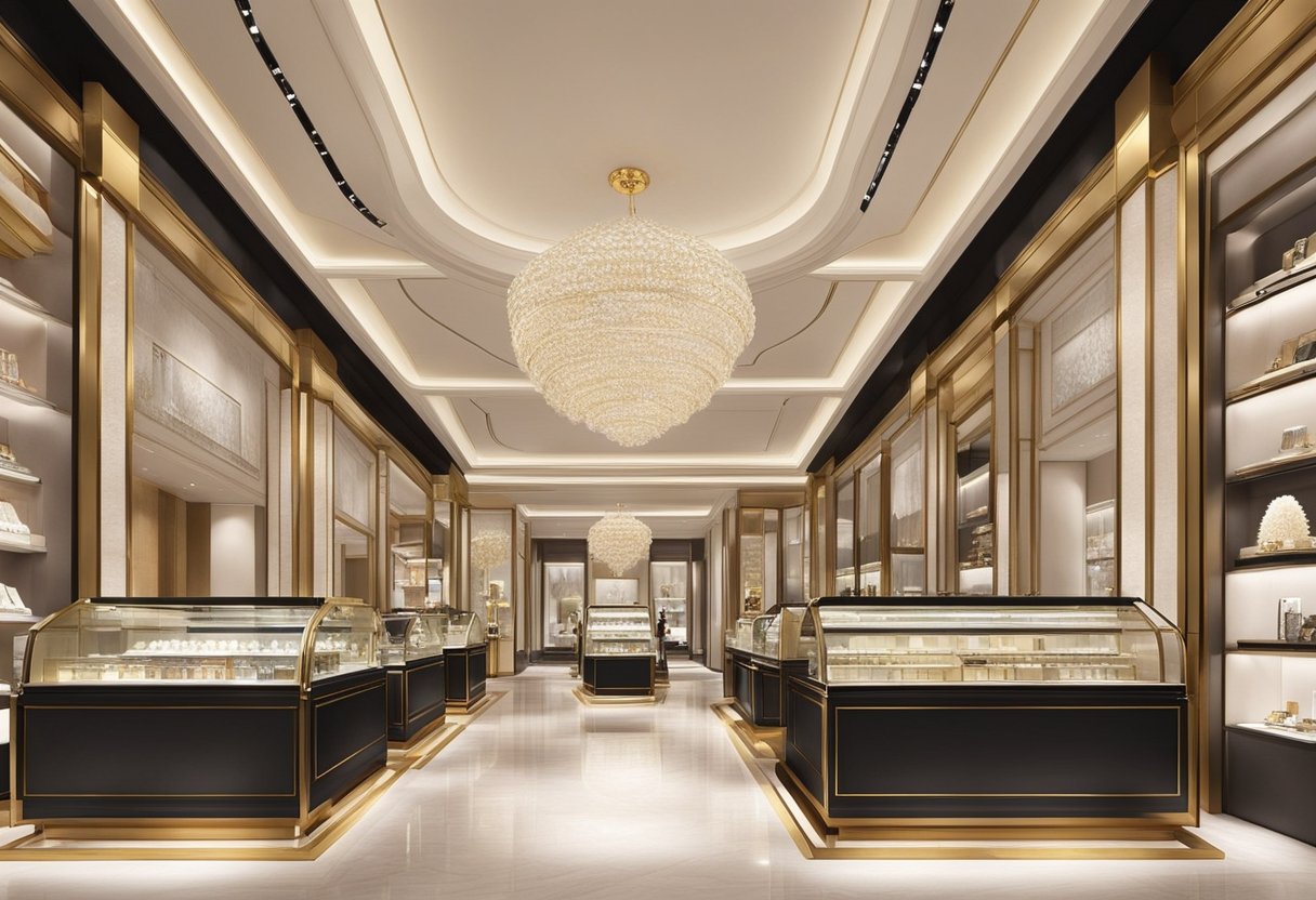 A luxurious bvlgari store in Singapore, with elegant displays of jewelry, watches, and fragrances. The interior is adorned with opulent decor and soft lighting, creating a sophisticated and exclusive atmosphere