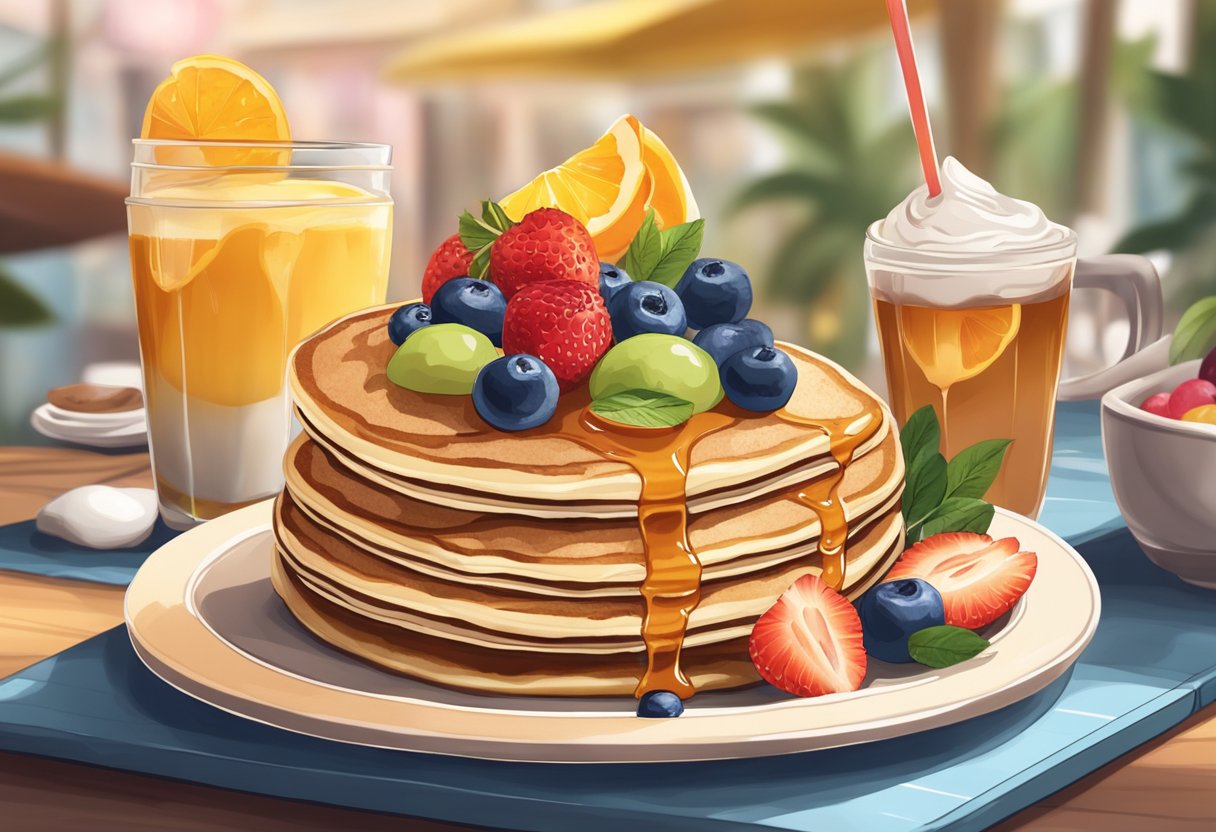 A table set with a stack of fluffy pancakes topped with fresh fruits and drizzled with syrup, surrounded by a cozy cafe atmosphere in Singapore