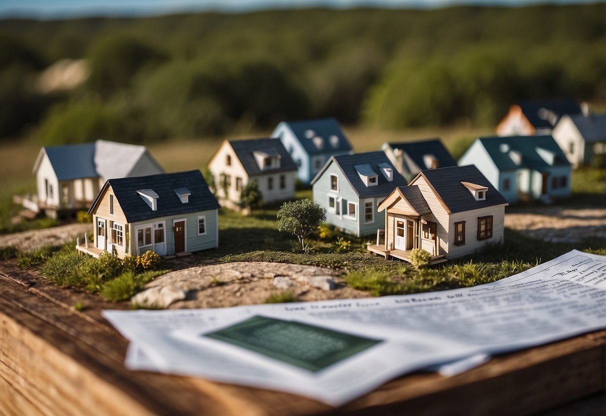 Tiny houses nestled in a Texas landscape, with zoning regulations and legal documents in the foreground