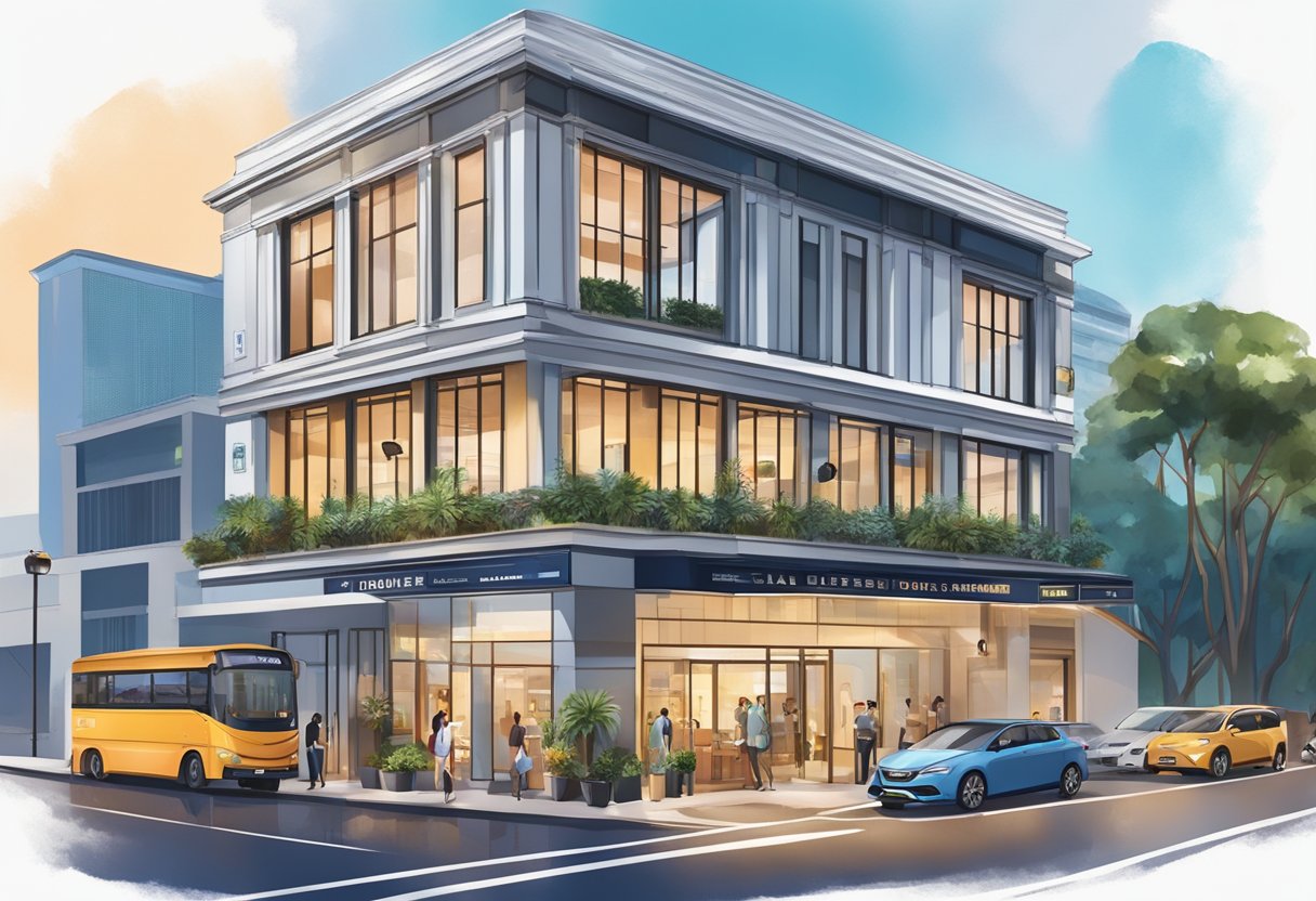 A stylish boutique hotel in Singapore with a modern facade, vibrant signage, and a bustling entrance with guests coming and going