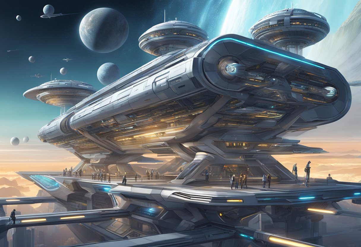 A futuristic space station with sleek, metallic architecture and bustling with intergalactic travelers and advanced technology