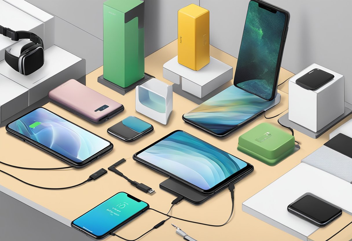 A table displays phone cases, chargers, and headphones at Onephone Singapore