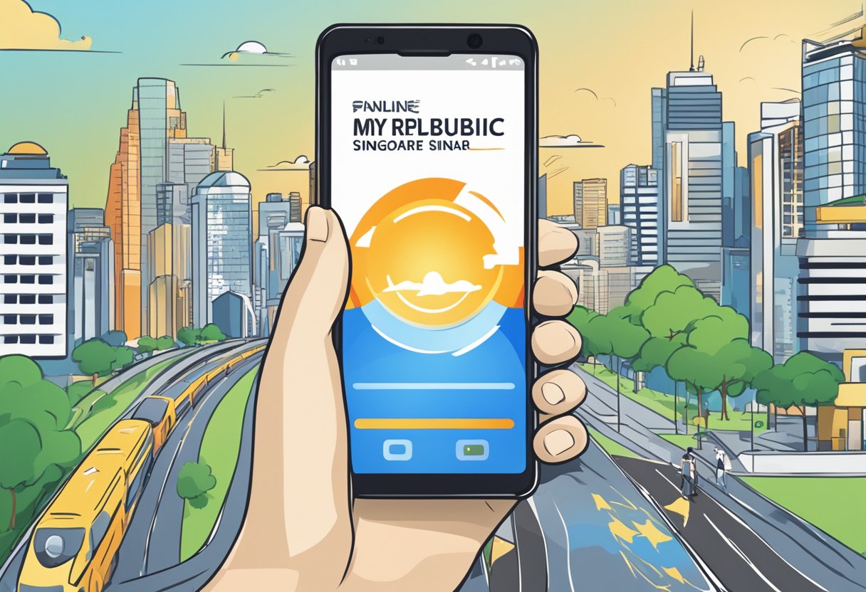 A smartphone with "My Republic Singapore" app open, showing strong mobile signal and high-speed internet connection