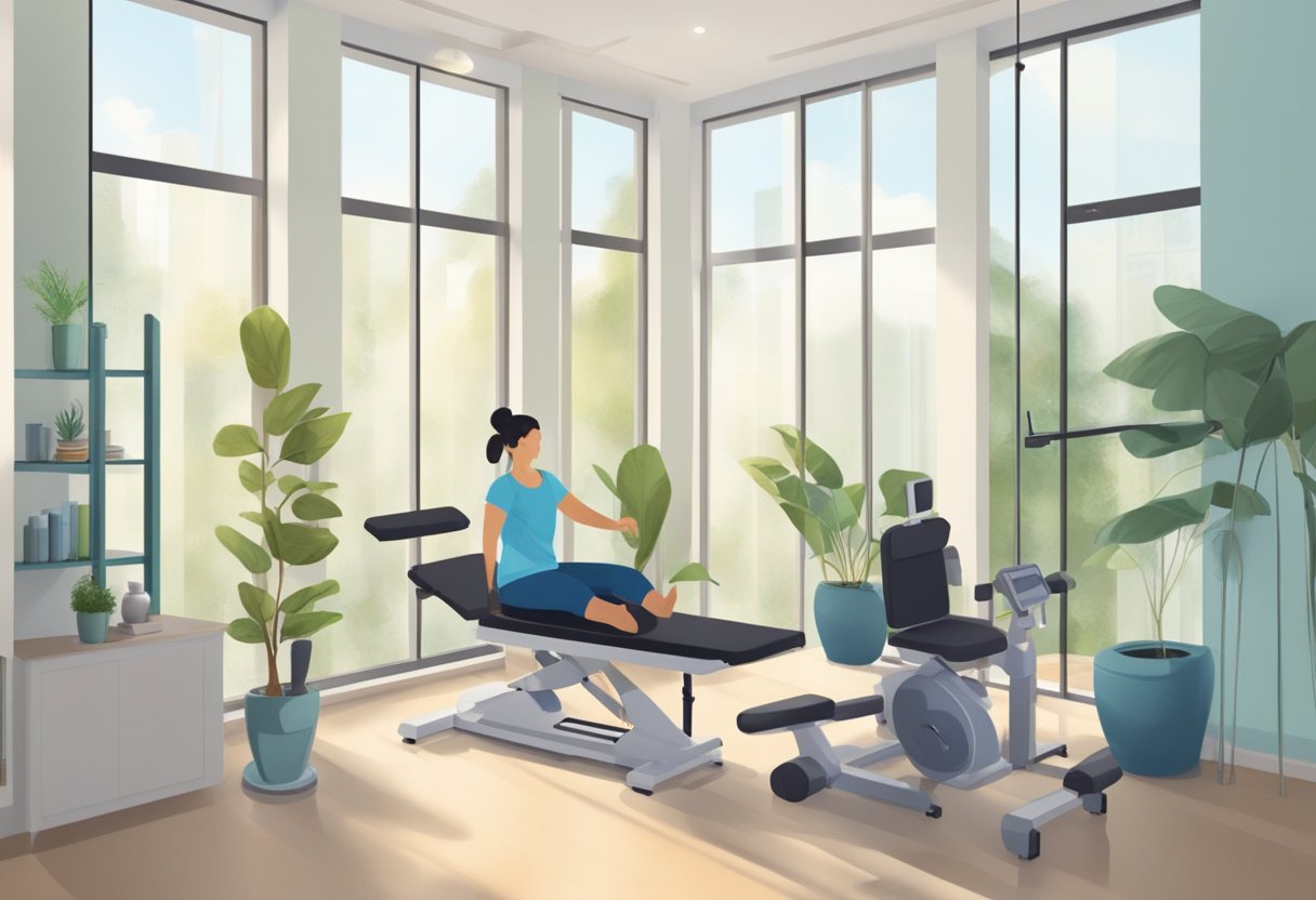 A physiotherapy clinic in Singapore with modern equipment and natural light streaming in through large windows. A therapist leads a patient through exercises
