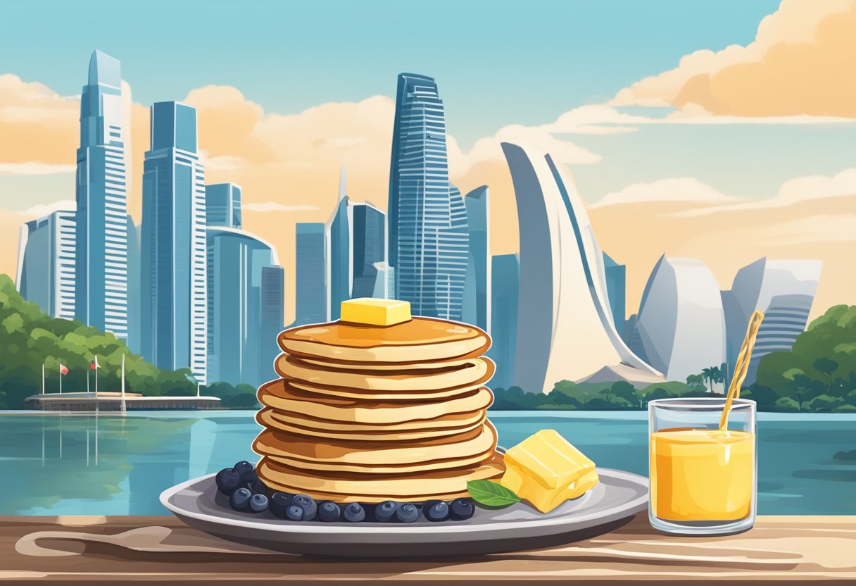 A stack of pancakes with a side of syrup and butter, set against a backdrop of iconic Singapore landmarks