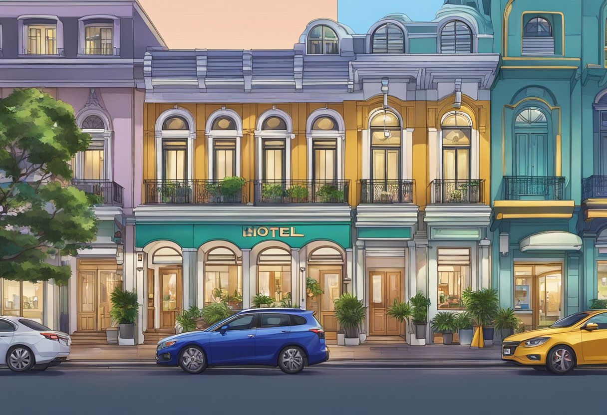 The exterior of Hotel 81 Dickson, Singapore, with its colorful facade and bustling street in front