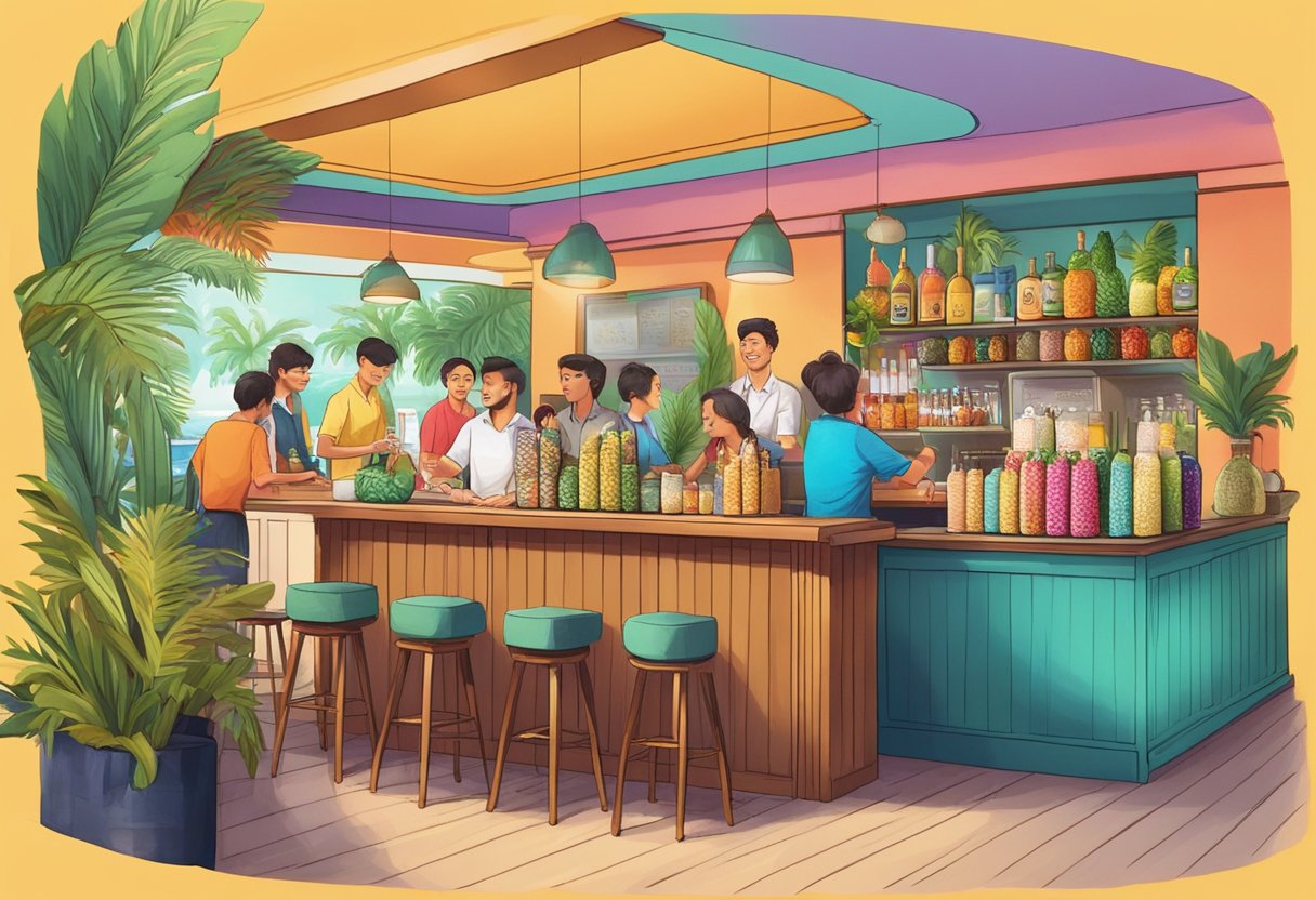 A bustling coconut club in Singapore with customers asking questions at the counter, surrounded by tropical decor and vibrant colors