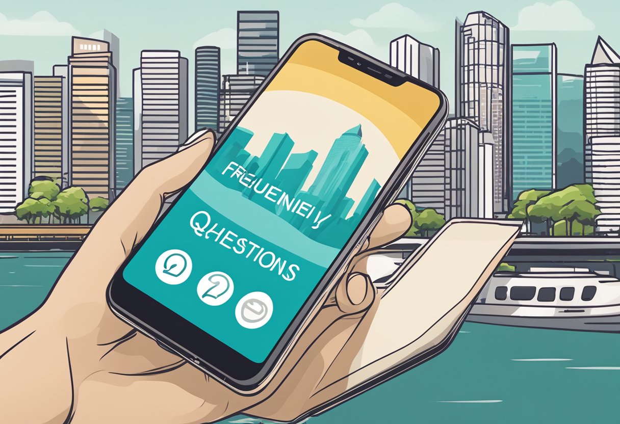 A smartphone with "Frequently Asked Questions" displayed on the screen, against a backdrop of the Singapore skyline