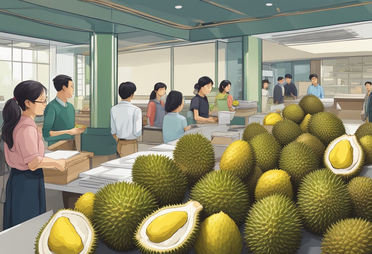 A table with a variety of durian fruits, a sign with "Frequently Asked Questions durian singapore" and a queue of people waiting to ask questions
