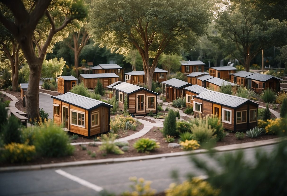 A cluster of tiny houses nestled among trees, with communal gardens and a central gathering space. A sense of community and sustainability permeates the scene