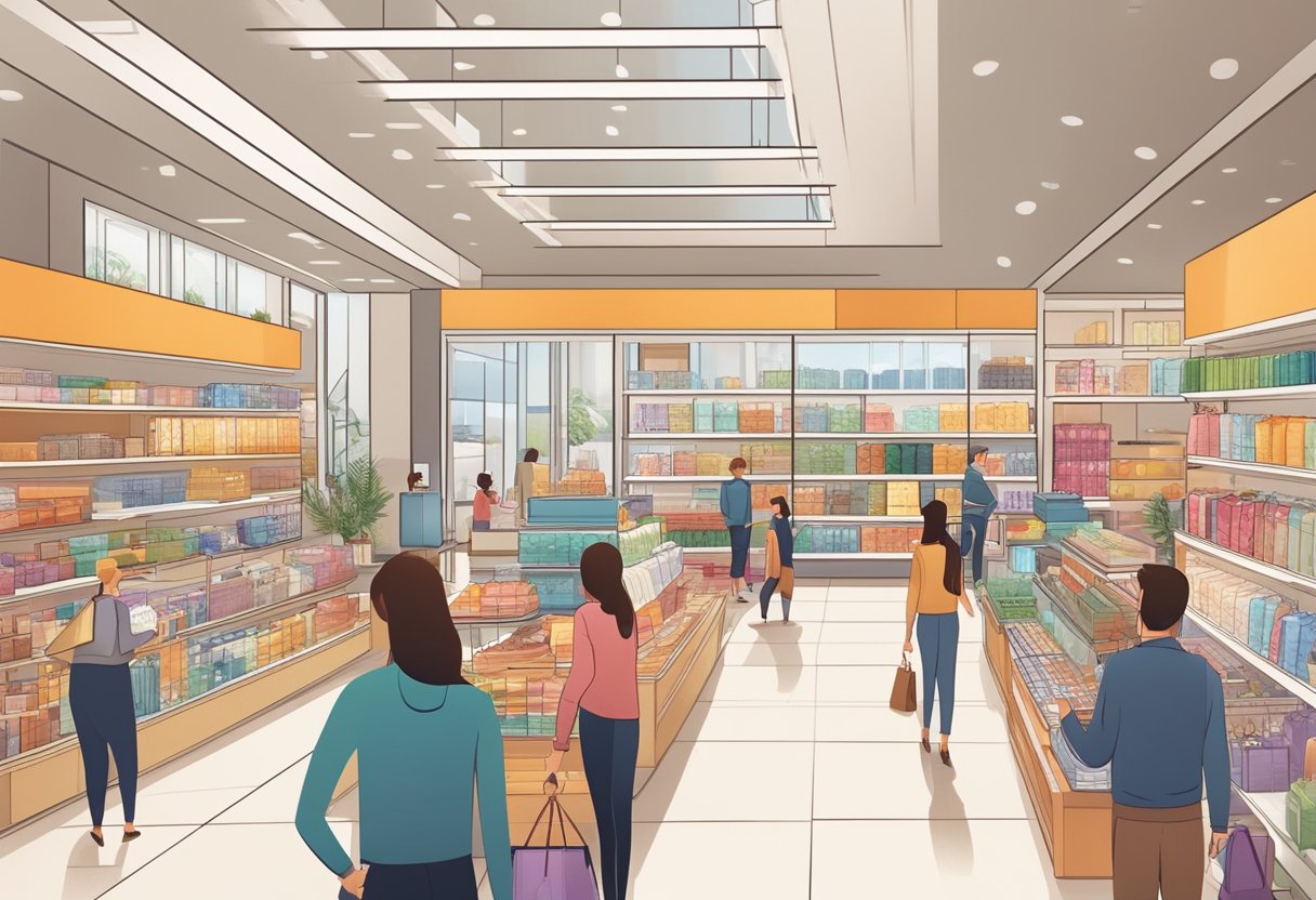 Customers browsing through a variety of products in a modern and spacious retail space, with friendly staff providing assistance and personalized shopping experiences