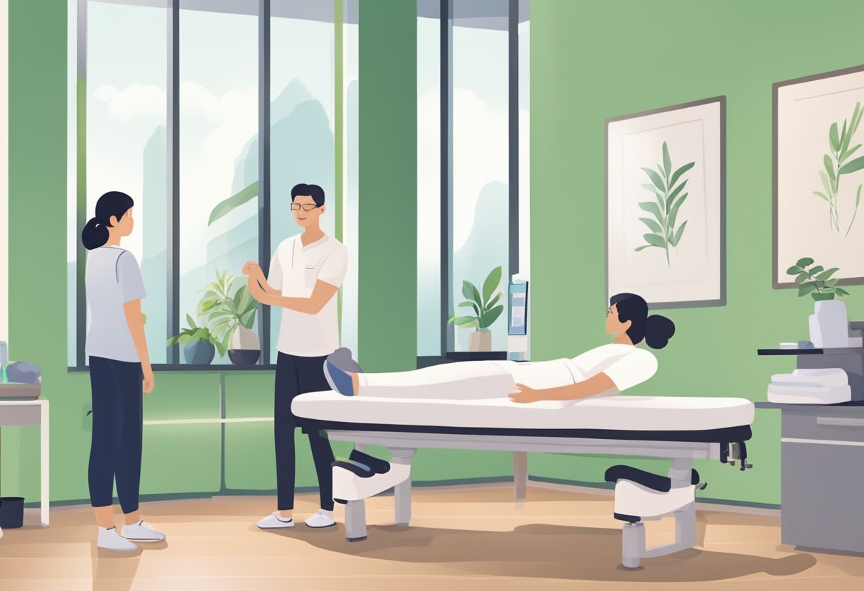 A physiotherapy clinic in Singapore, with modern equipment and a serene atmosphere. A therapist guides a patient through exercises, while another patient receives a massage