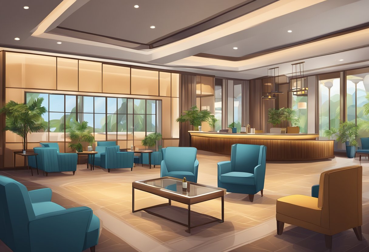 A bustling hotel lobby with modern furnishings, a welcoming reception area, and a cozy lounge with soft lighting and comfortable seating