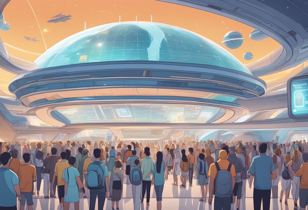 A bustling spaceport with futuristic architecture and a large digital display reading "Frequently Asked Questions planet traveller singapore" above a crowd of intergalactic tourists
