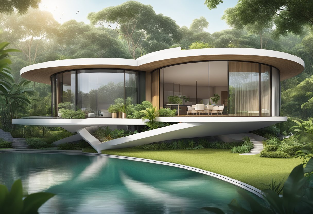 A circular house in Singapore with a modern design, surrounded by lush greenery and a tranquil pond